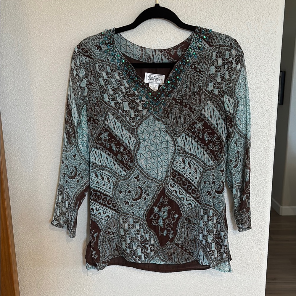Bob Mackie Blue and Black Graphic Asymmetrical Blouse 3/4 Sleeve